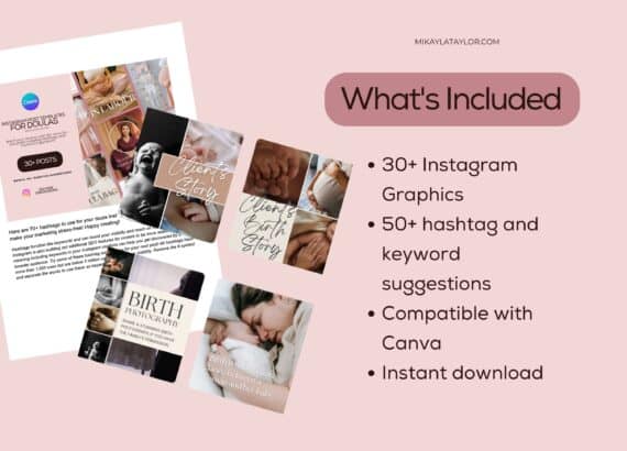 doula content bundle what's included 30 instagram graphics 50 hasthags